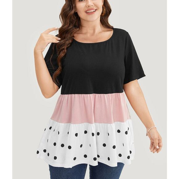 Size 12 •  Large • BloomChic Colorblock Contrast Ruffle Tiered Polka Dot T-shirt - Picture 1 of 6